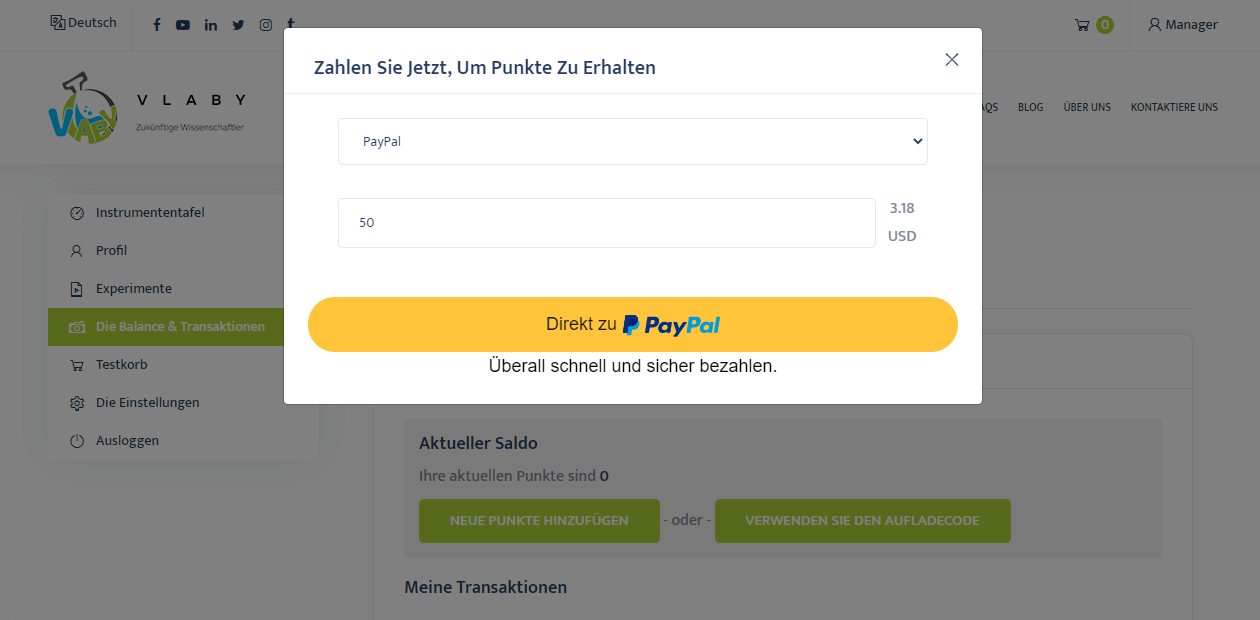 Aufladen mit PayPal